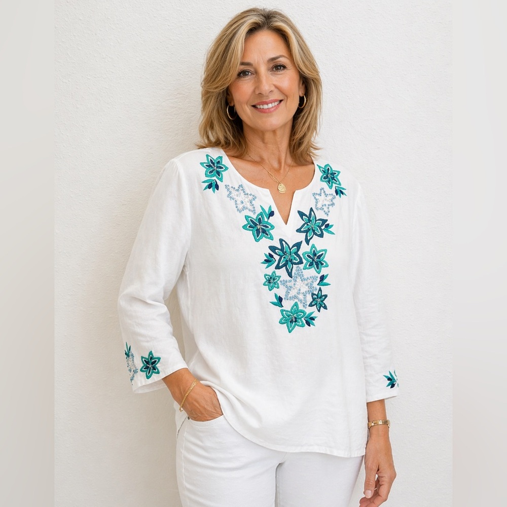 JM Collection 100% linen White Tunic Top with Teal & Aqua Floral Embroidery 18